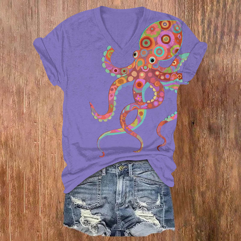 Creative Colorful Geometric Octopus Print V-neck T-shirt - Purple - US32-34(5XL) - image 3