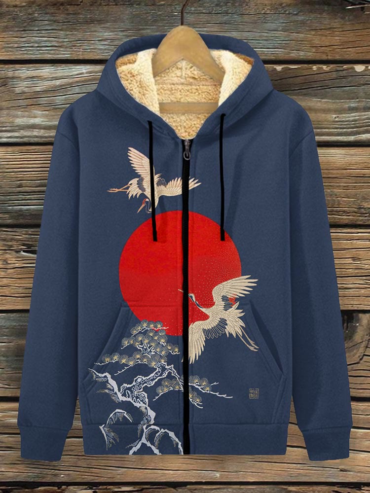 Cranes & Sunrise Japanese Art Fleece Jacket