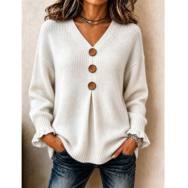 Women's V-Neck Knit Top With Decorative Buttons & Ruffle Cuffs - White - 3XL - image 11