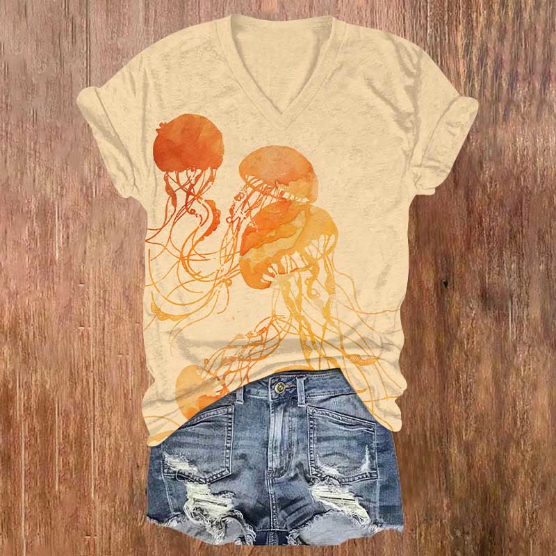 Watercolor Jellyfish Graphic Ocean Print V-neck T-shirt - Orange - US32-34(5XL) - image 4