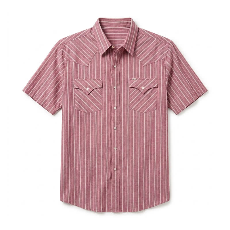 Men's Collar Neck Traditional Striped Short Sleeve Shirt  - Pink - 6XL - image 6