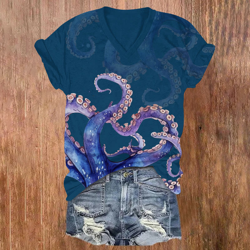 Creative Ombre Octopus Tentacles Art Print Short Sleeved V-neck T-shirt - Blue - US32-34(5XL) - image 3