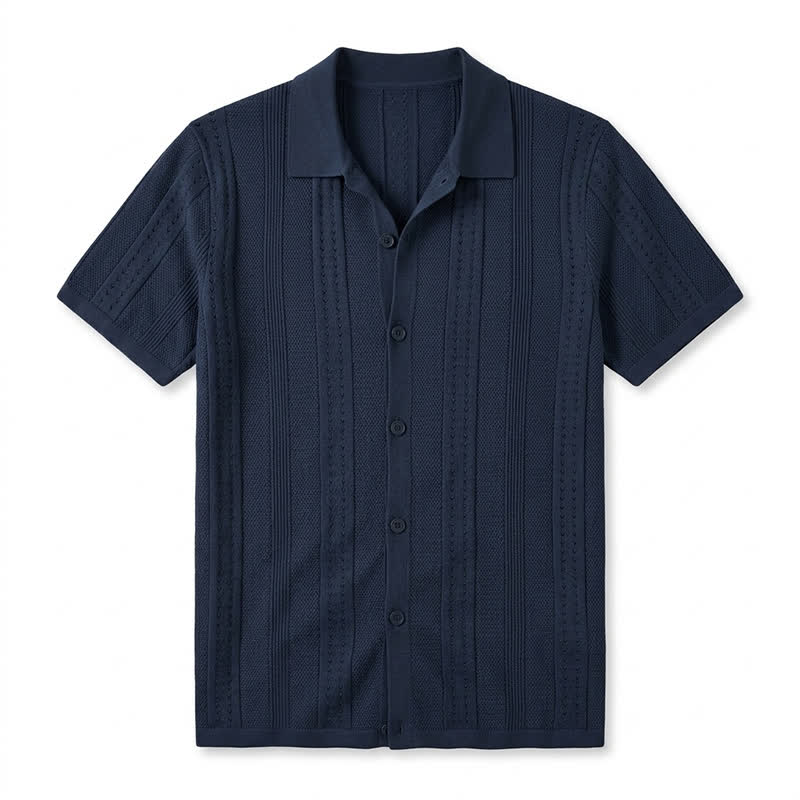 Men's Solid Color Knit Collared Short Sleeve Button Up Polo Shirt - Navy Blue - 4XL - image 9