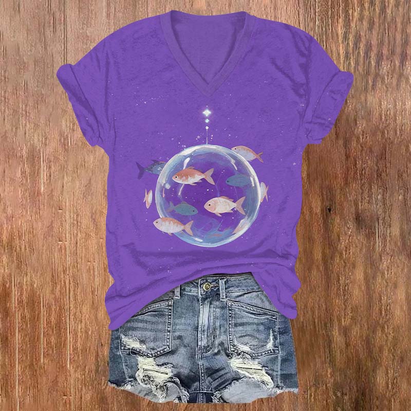 Funny Fish Swimming Around The Transparent Sphere Print V-neck T-shirt - Purple - US32-34(5XL) - image 3