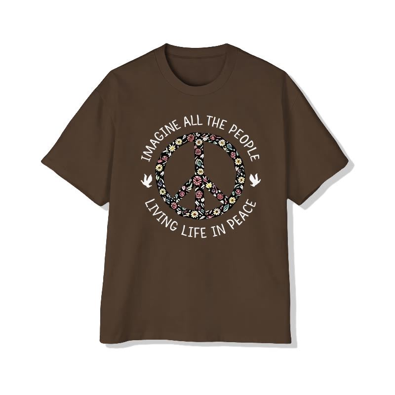 Unisex Imagine All The People Living Life In Peace Pattern Cotton Print T-shirt - Coffee - US20-22(3XL) - image 4