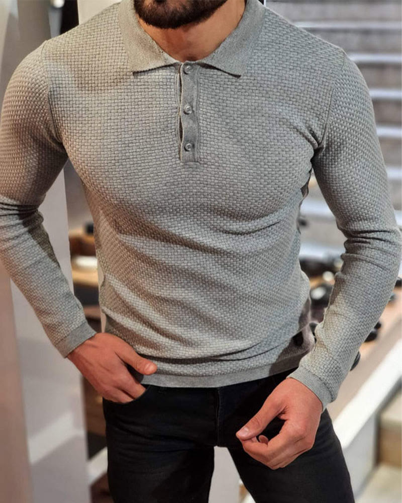 Men's Solid Color Waffle Long Sleeve Polo Shirt - Grey - 5XL - image 3