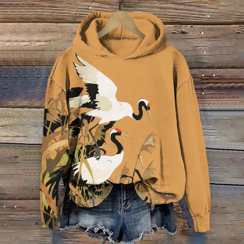 Japanese Oil Painting White Crane Art Print Long Sleeve Hoodie - Orange - US44-46(8XL) - image 4