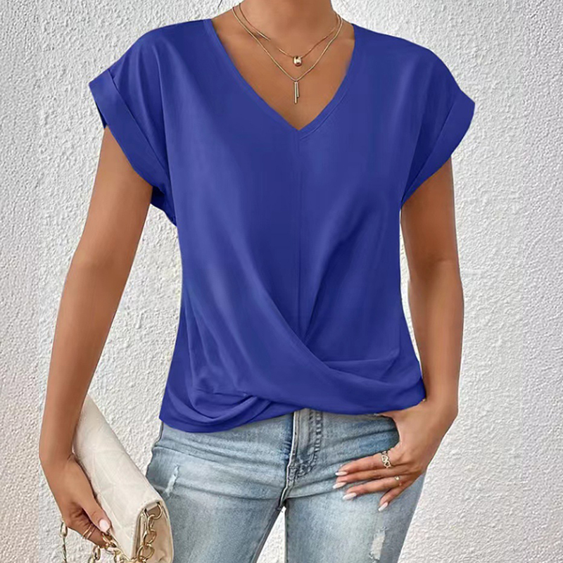 Elegant Solid Overlapping Structure V-neck Flutter-sleeve T-shirt - Royal Blue - 3XL - image 15