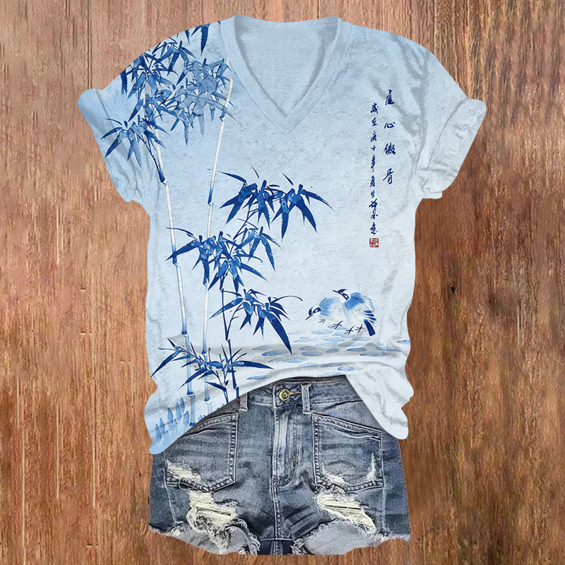 Vintage Bamboo And Chicks Ink Painting Pattern Print Short Sleeved V-neck T-shirt - Blue - US32-34(5XL) - image 3