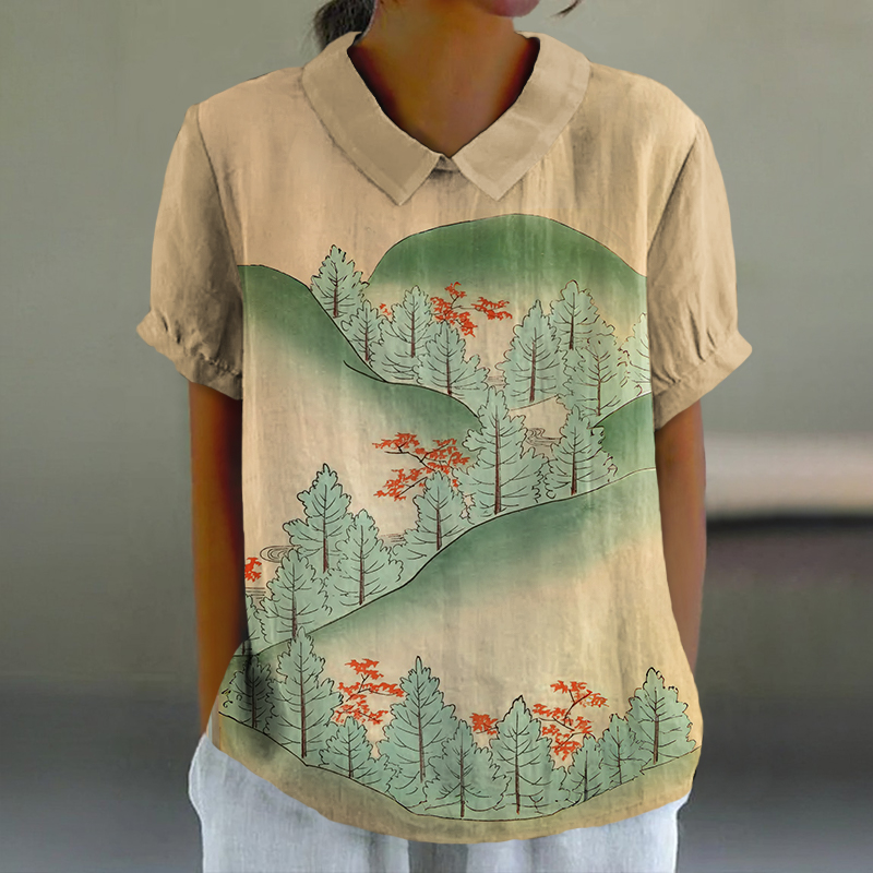Vintage Japanese Maple Tree Print Casual Lapel Loose Blouse - Apricot - 6XL - image 1