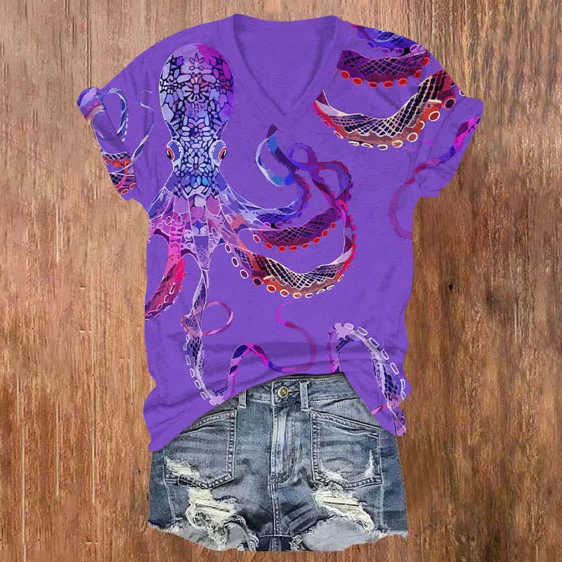 Creative Mottled Colorful Octopus Art Print V-neck T-shirt - Purple - US32-34(5XL) - image 5