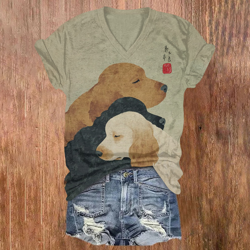 Adorable Snuggling Dogs Print Short Sleeved V-neck T-shirt - Olive Green - US32-34(5XL) - image 1