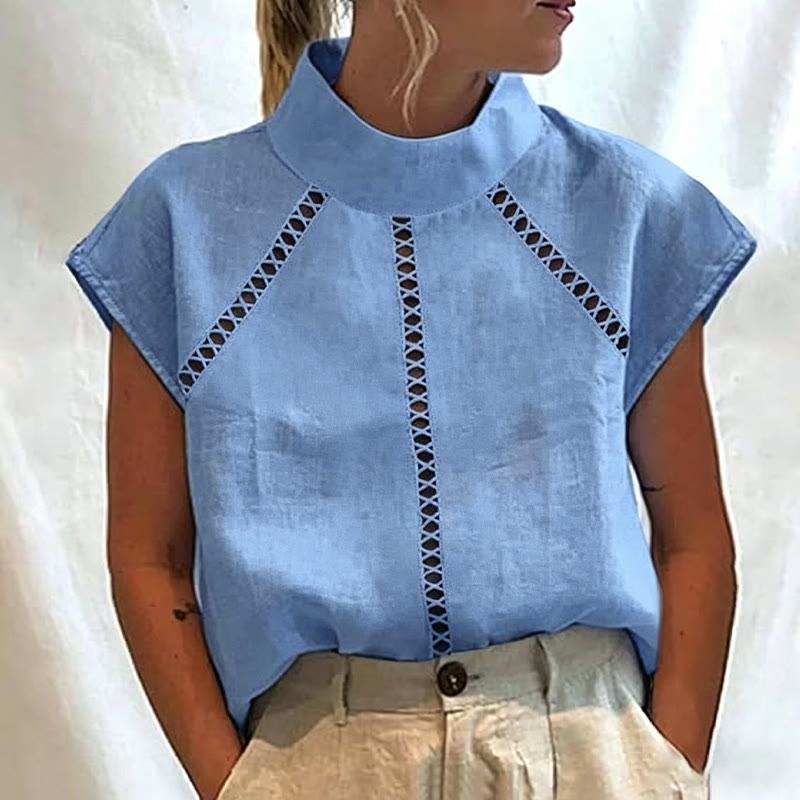 Solid Openwork Lace Splicing Brushing Past Stand Collar Cap Sleeve Blouse - Sky Blue - 4XL - image 3