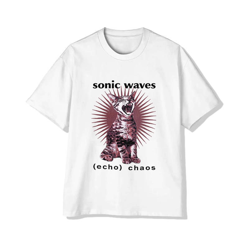 Unisex Like Music Cat  Pattern Short Sleeved Crew Neck T-Shirt - White - 2XL - image 3