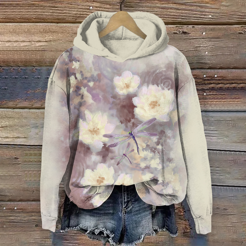 Retro Oil Painting Abstract Flowers & Dragonfly Art Print Long Sleeve Hoodie - Light Gray - US44-46(8XL) - image 3