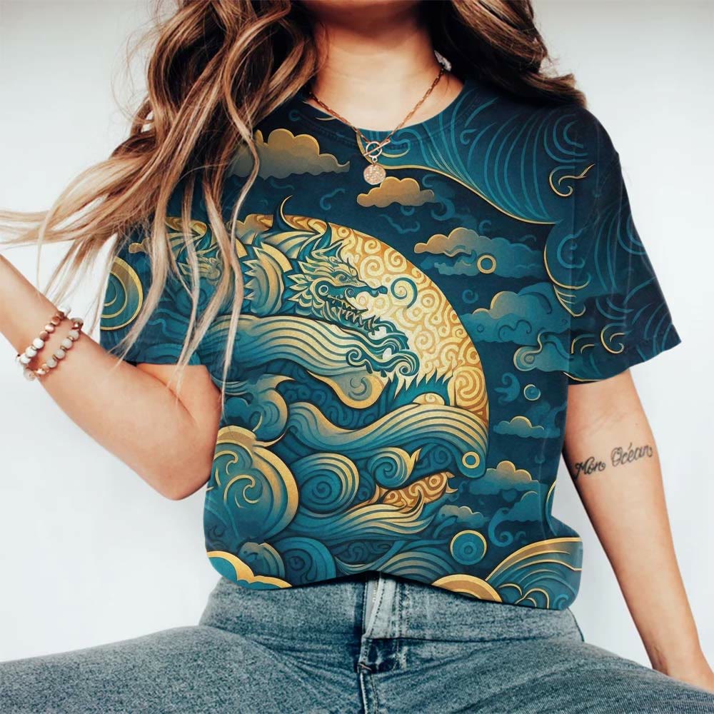 Vintage Dragon In The Waves Japanese Print T-shirt