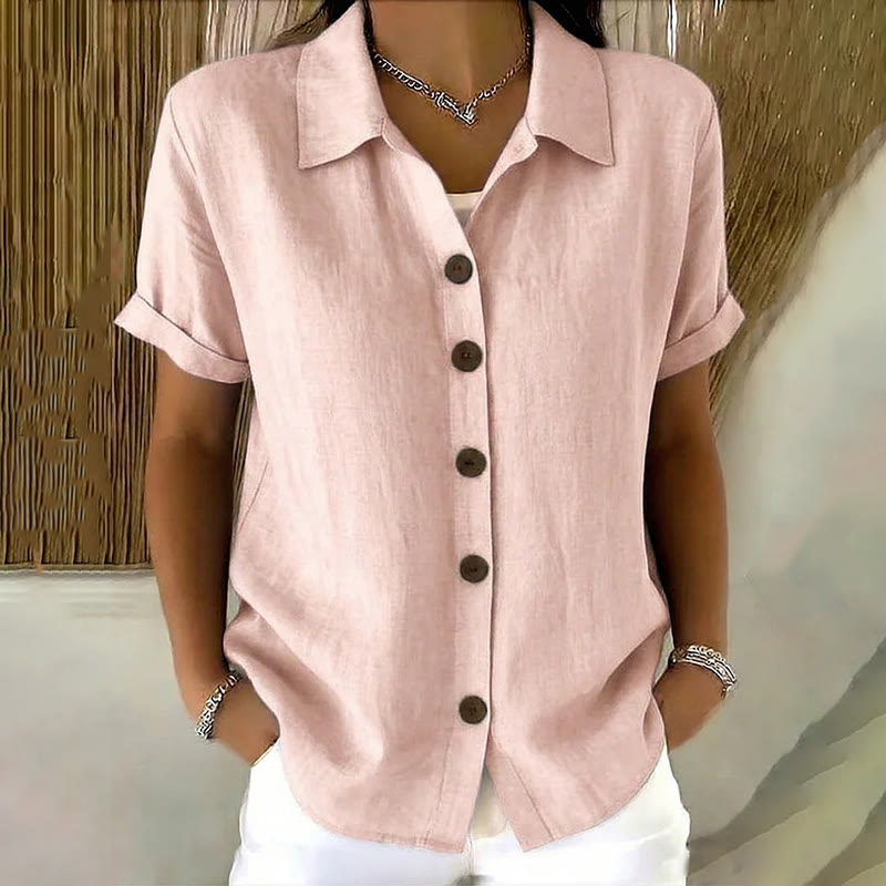 Elegant Solid Collared Button-up Short-sleeve Blouse - Pink - 3XL - image 7