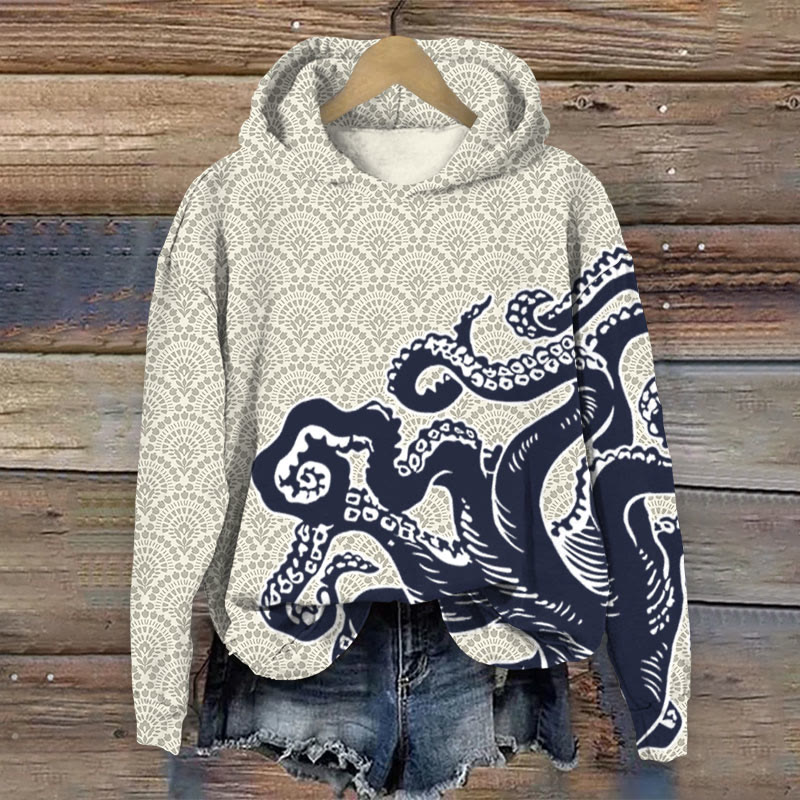 Unisex Ocean Fantasy Octopus Tentacles Pattern Print Long Sleeved Hoodie - Apricot - US44-46(8XL) - image 6