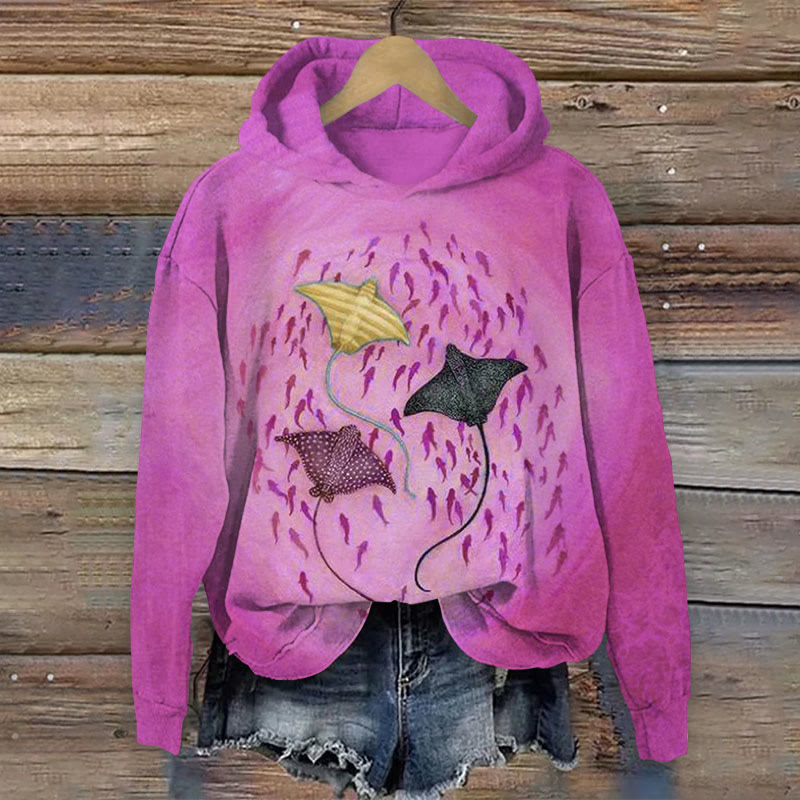 Ocean School Of Manta Ray  Print Long Sleeve Hoodie - Rose - US44-46(8XL) - image 3