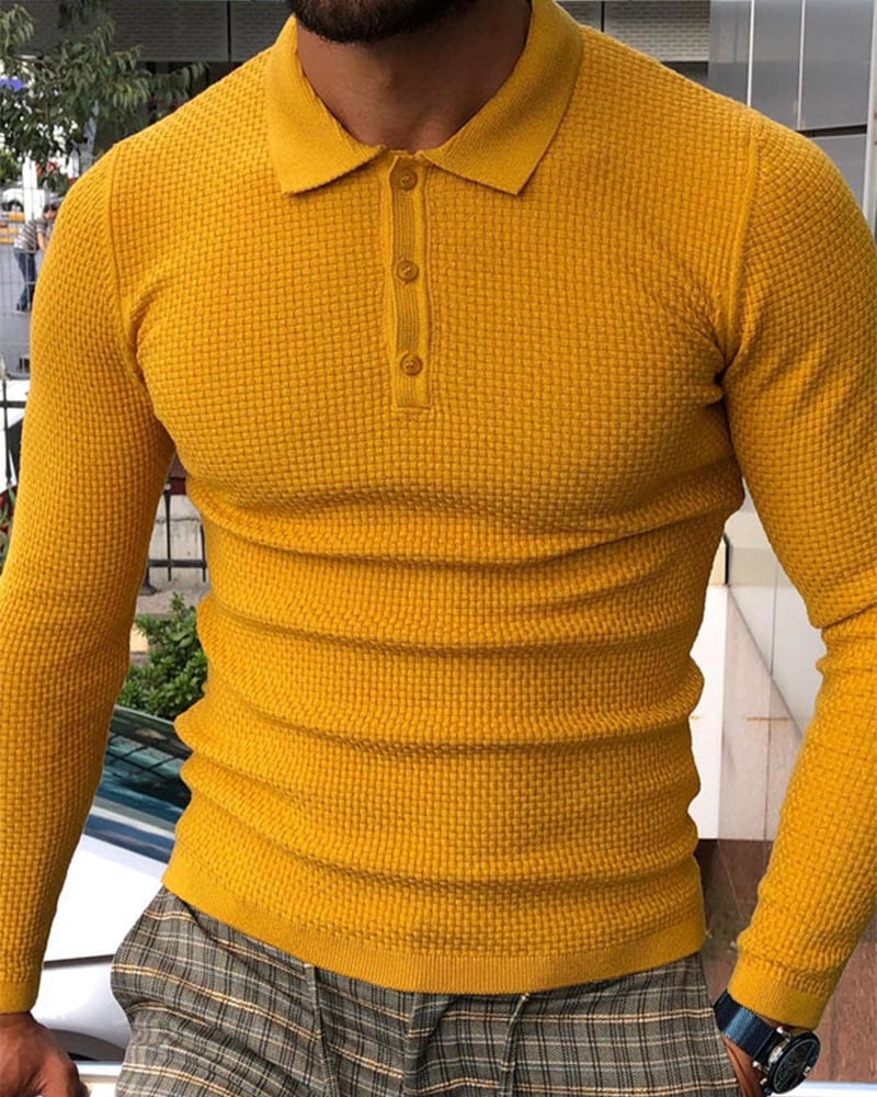 Men's Solid Color Waffle Long Sleeve Polo Shirt - Yellow - 5XL - image 2