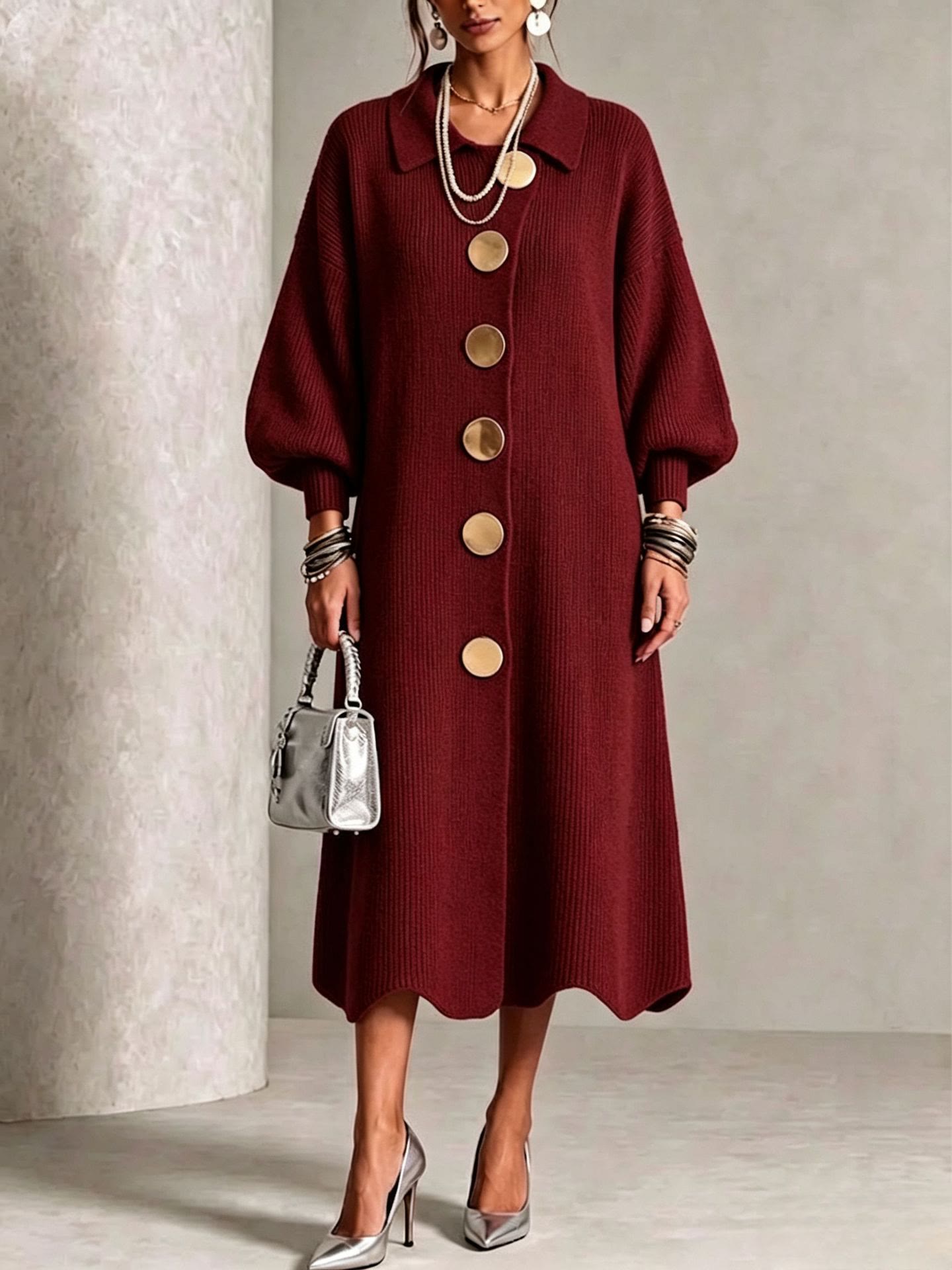 Women's Ribbed Knit Midi Cardigan Dress | Lapel Collar Lantern Sleeve, Statement Button Front - Wine - 2XL - image 18