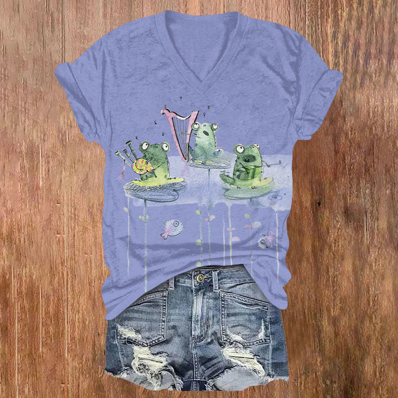 Fun Frogs Playing Musical Instruments Print V-neck T-shirt - Light Purple - US32-34(5XL) - image 5