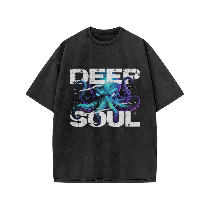 Deep Soul Octopus Print Acid Washed T-shirt - Black - US20-22(3XL) - image 3