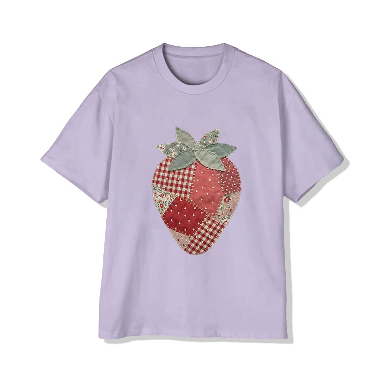 Pastoral Strawberry Print Pattern Cotton Print T-shirt - Light Purple - US16-18(2XL) - image 10