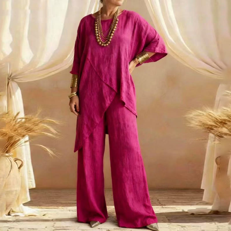 Elegant Solid Irregular Hem Round-neck 3/4 Sleeves Blouse&pants Set - Rose - 3XL - image 7