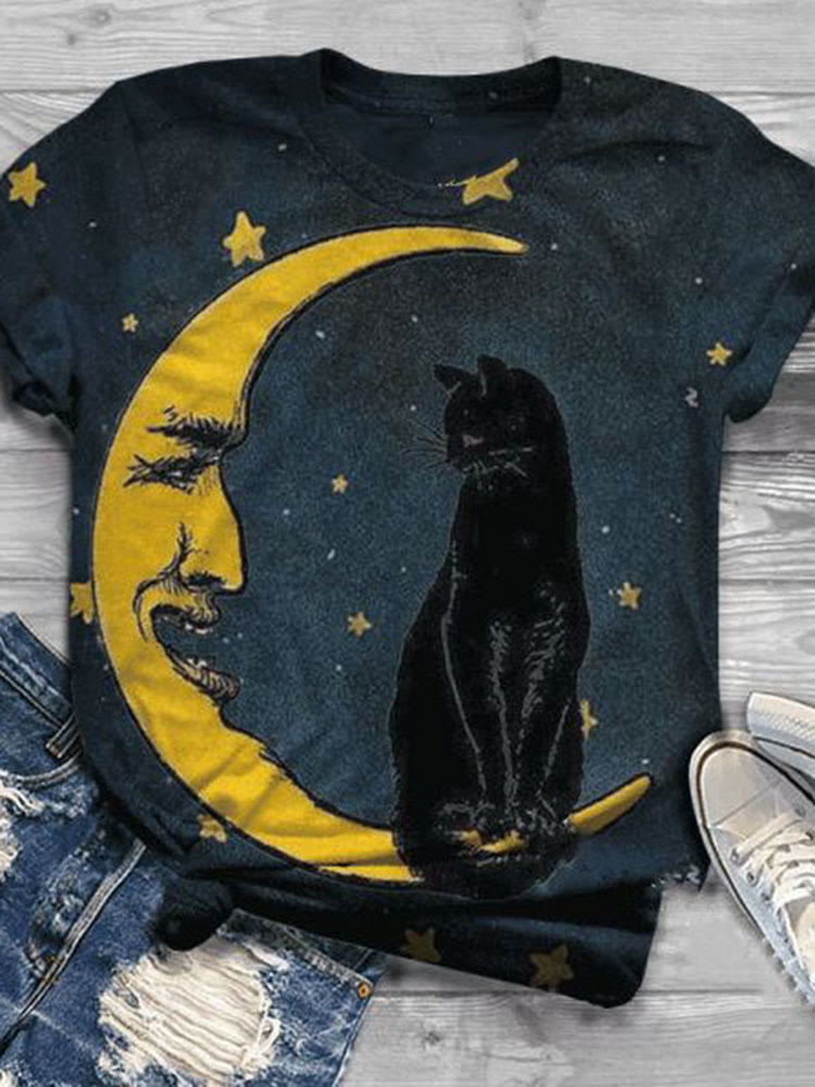 Moon And Black Cat Print Casual O-neck T-shirt