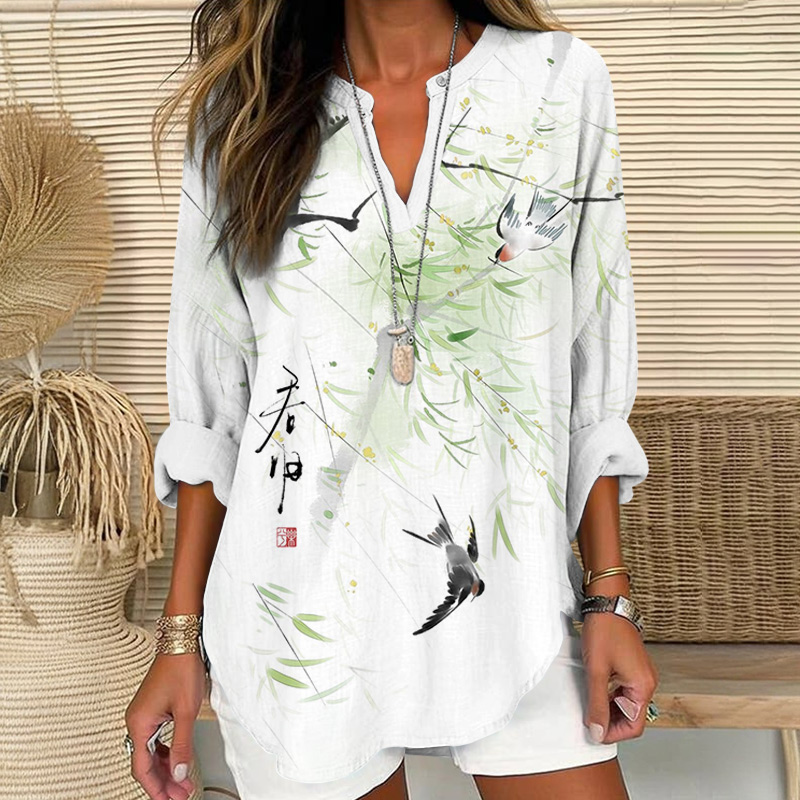 Spring Swallow Art Print V Neck Long Sleeve Blouse - White - 8XL - image 1