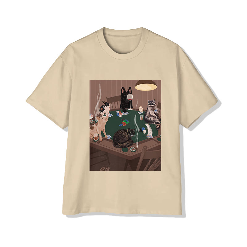 Unisex Vintage Animal Poker Night Print Short Sleeved Crew Neck T-Shirt - Apricot - 2XL - image 4