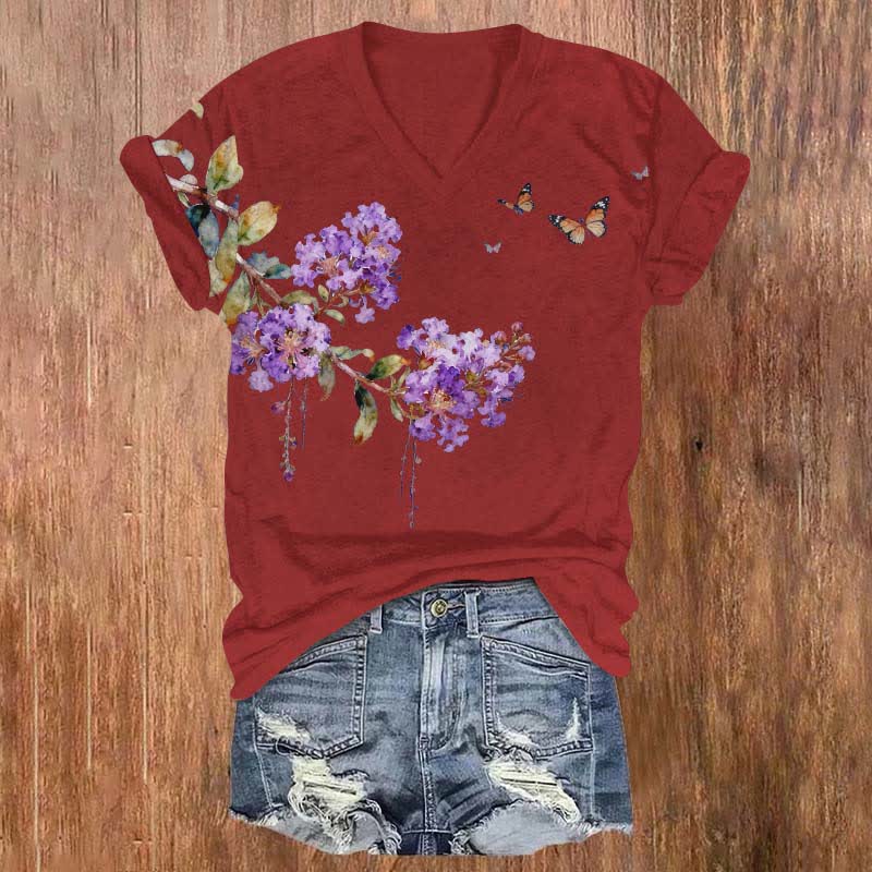 Vintage Crape Myrtle Flower Art Print V-neck T-shirt - Red - US32-34(5XL) - image 3