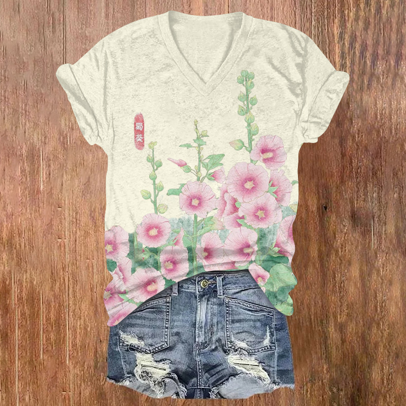 Vintage Watercolor Morning Glory Art Print Short Sleeved V-neck T-shirt - Beige - US32-34(5XL) - image 1