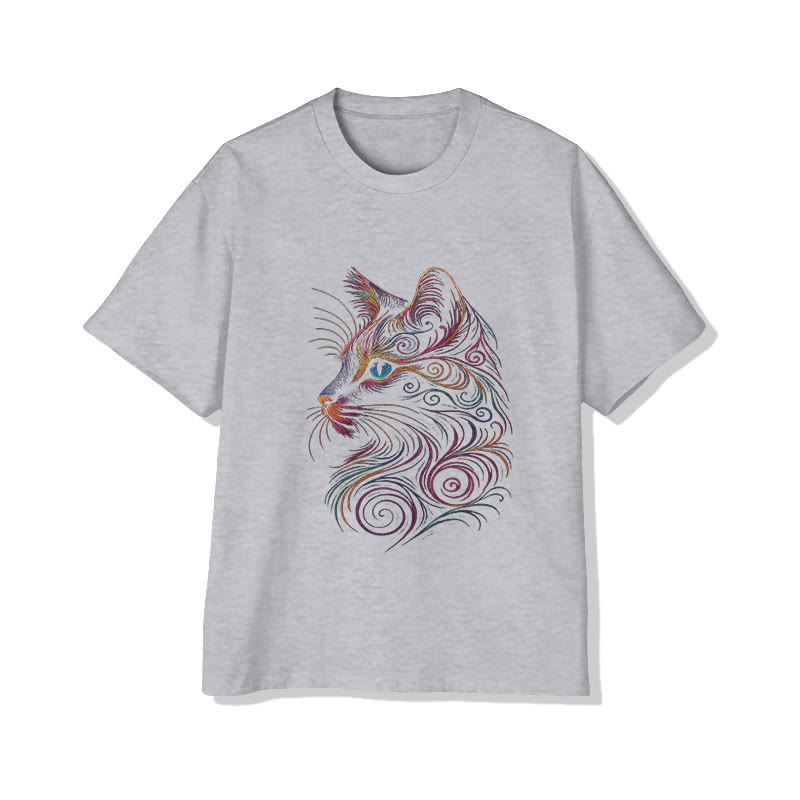Unisex Colorful Swirling Cat Pattern Print Short Sleeved Crew Neck T-shirt - Grey - 2XL - image 4