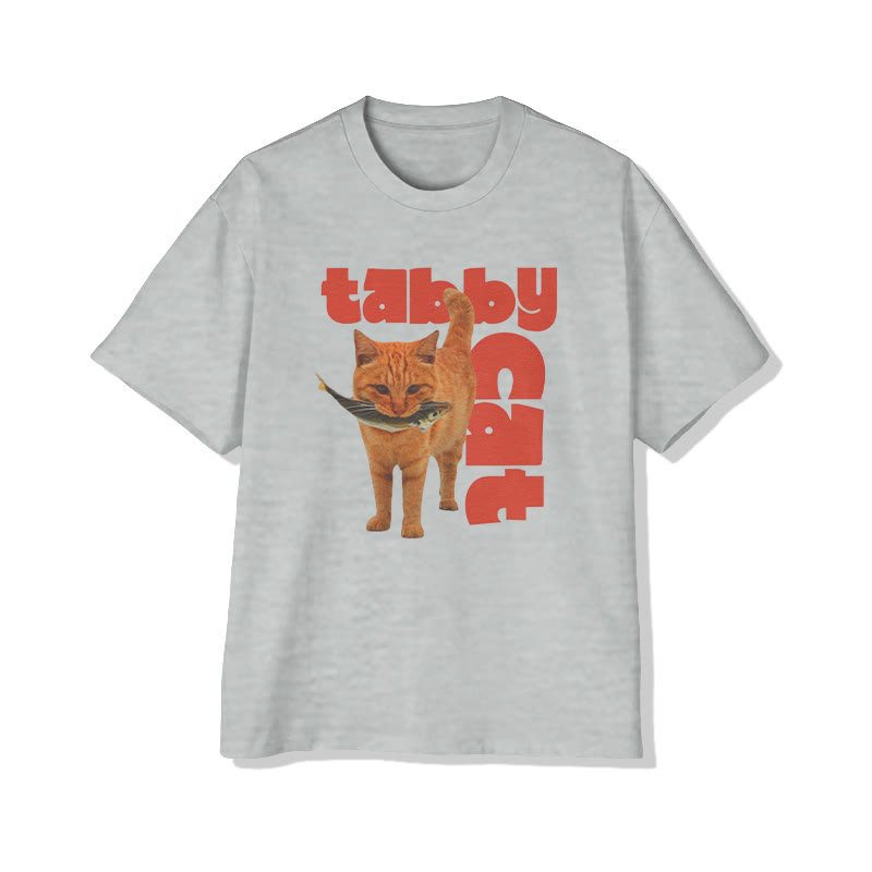 Funny Y2k Tabby Cat With Fish Print Pattern Cotton Print T-shirt - Grey - US16-18(2XL) - image 3