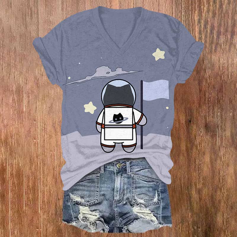 Funny Cartoon Astronaut Cat Art Print V-neck T-shirt - Grey - US32-34(5XL) - image 3