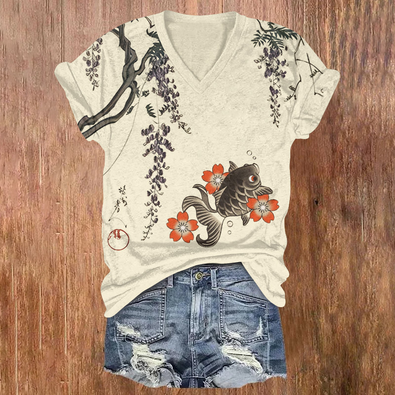 Elegant Calligraphy And Painting And Fish Printed Short Sleeved V-neck T-shirt - Apricot - US32-34(5XL) - image 1