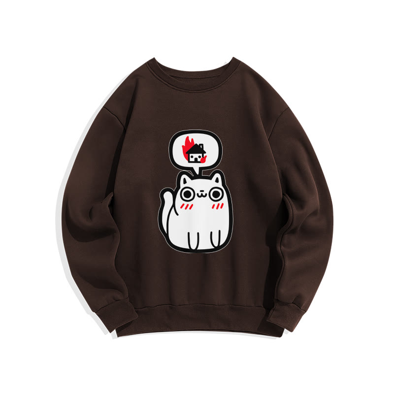 Unisex Cute Cat Print Long Sleeve Crew Neck Sweatshirt - Coffee - US16-18(2XL) - image 7