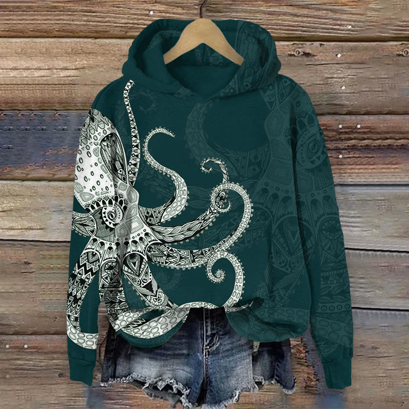 Octopus Print Long Sleeve Hoodie - Dark Green - US44-46(8XL) - image 3