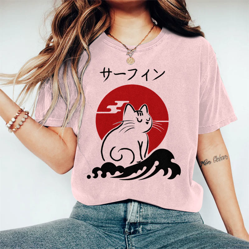 100% Cotton Women's Japanese Sun Angry Cat Art Print Casual T-shirt - Pink - 2XL - image 4