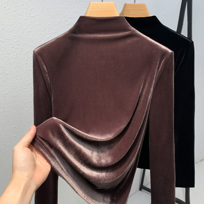 High-neck Solid Color Velvet Long-sleeved T-shirt - Coffee - 3XL - image 3