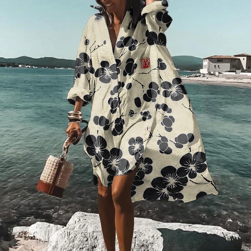 Vacation Cherry Blossom Japanese Lino Art Vintage Print Shirt Dress