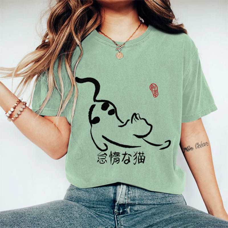 100% Cotton Women's Japanese Lazy Cat Art Print Casual T-shirt - Green - 2XL - image 5