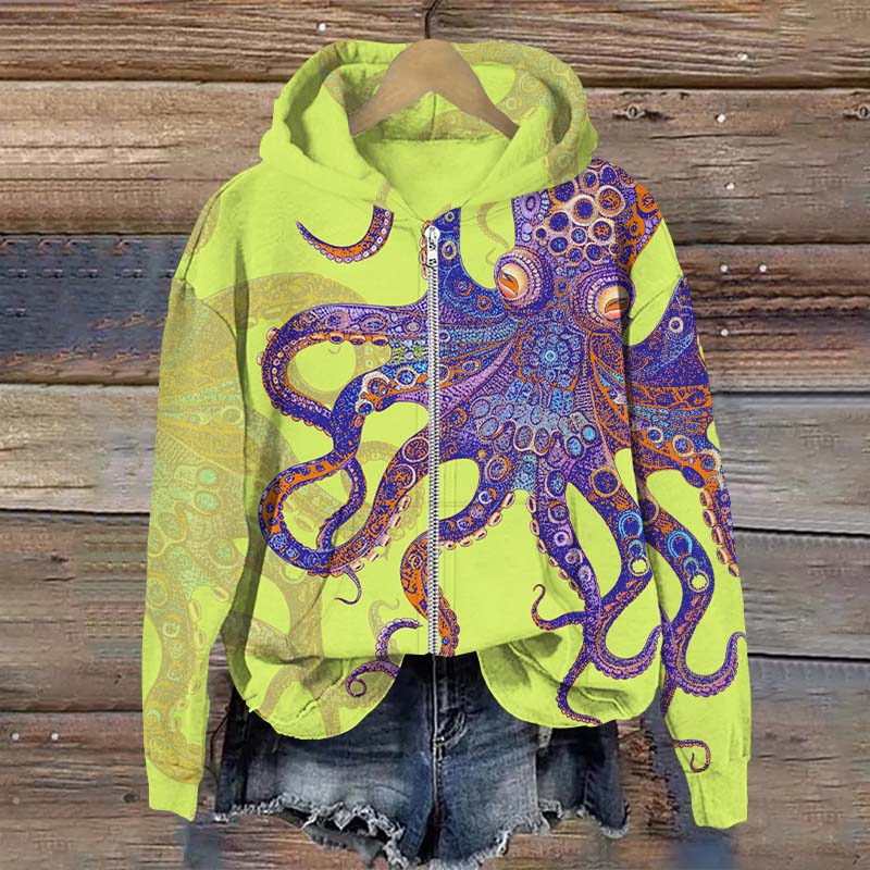 Unique Exquisite Octopus Pattern Art Print Long Sleeve Zipper Hoodie - Green - US28-30(4XL) - image 4