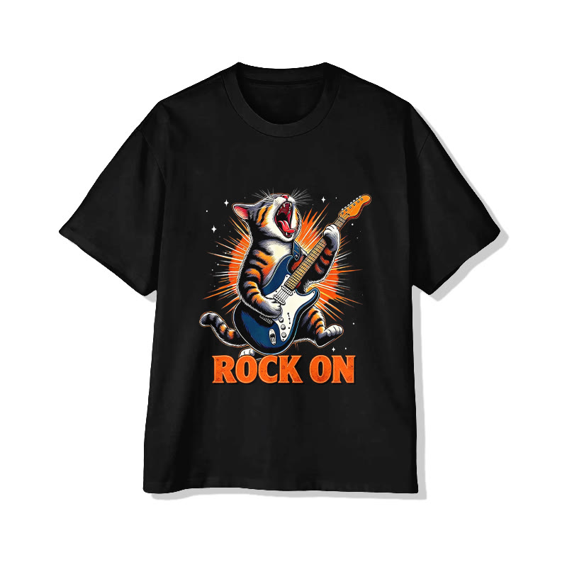 Unisex ROCK ON Cat Pattern Short Sleeved Crew Neck T-Shirt - Black - 2XL - image 4