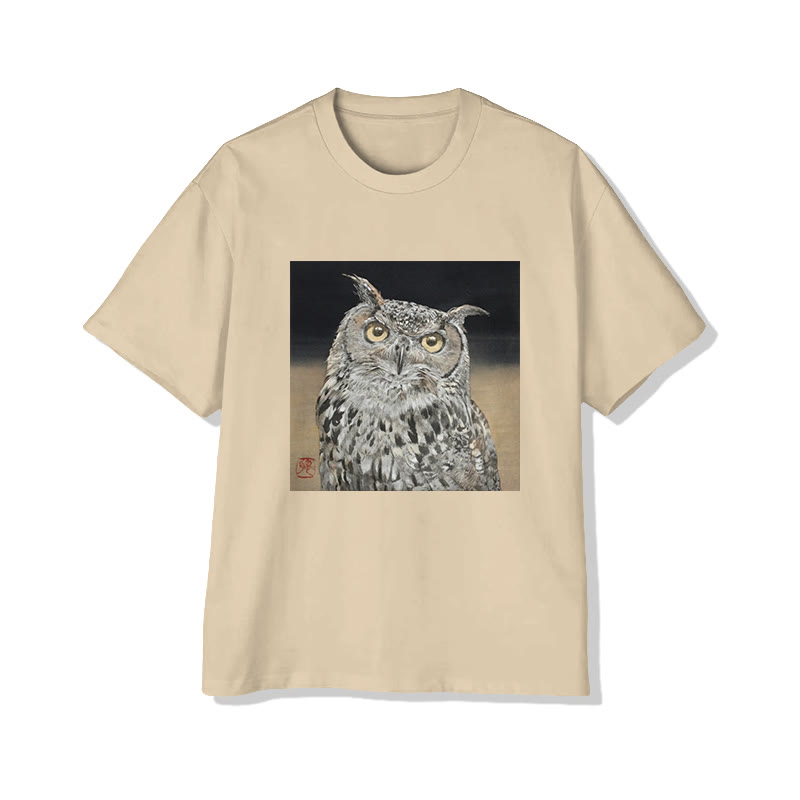 Unisex Owl Portrait Art Print Short Sleeved Crew Neck T-Shirt - Apricot - 2XL - image 3