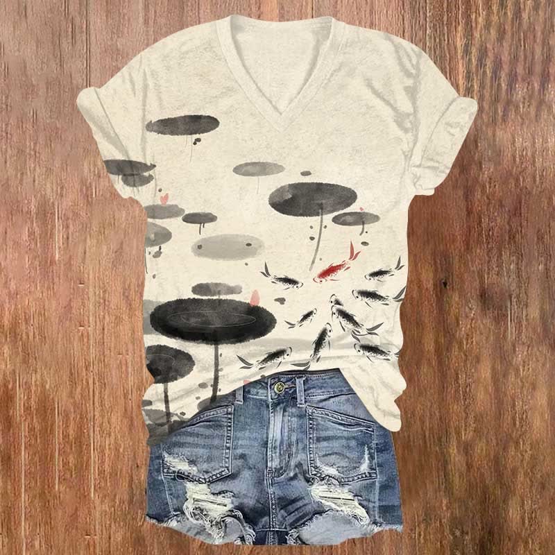 Japanese Ink Watercolor Lotus Leaf & Koi Carp Print V-neck T-shirt - Beige - US32-34(5XL) - image 3