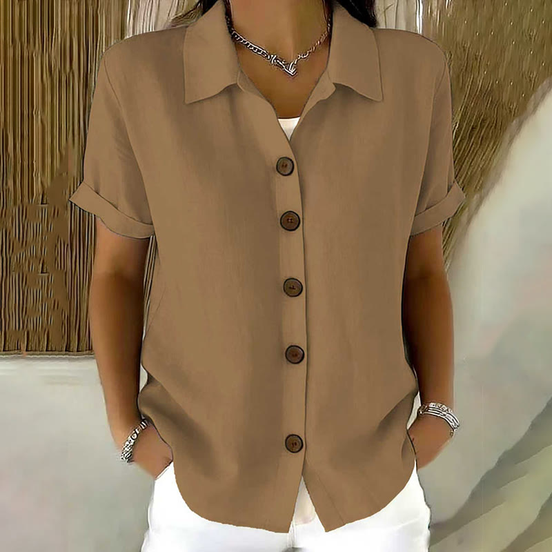 Elegant Solid Collared Button-up Short-sleeve Blouse - Khaki - 3XL - image 3