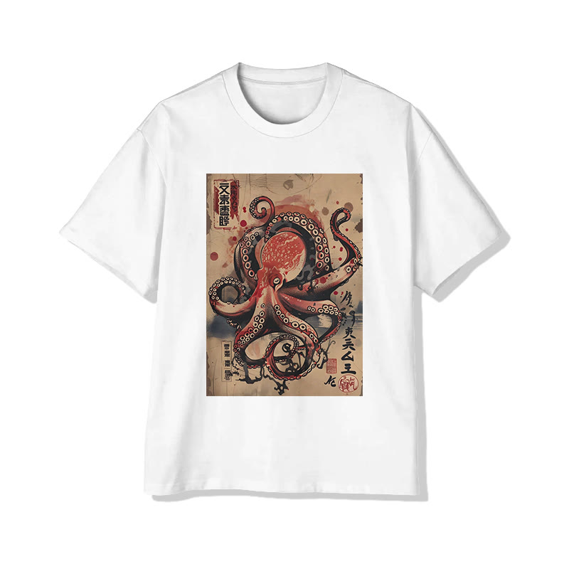 Japanese Art Octopus Pattern Print Short Sleeved Crew Neck T-shirt - White - 2XL - image 3